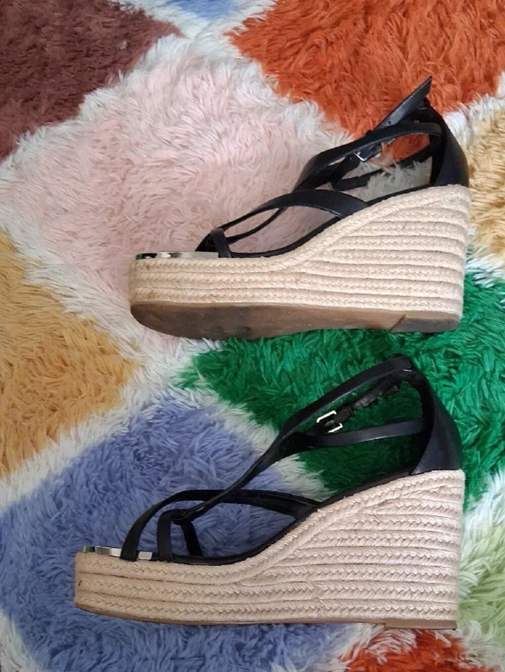 DKNY Black Strappy Wedge Sandals with Espadrille Sole